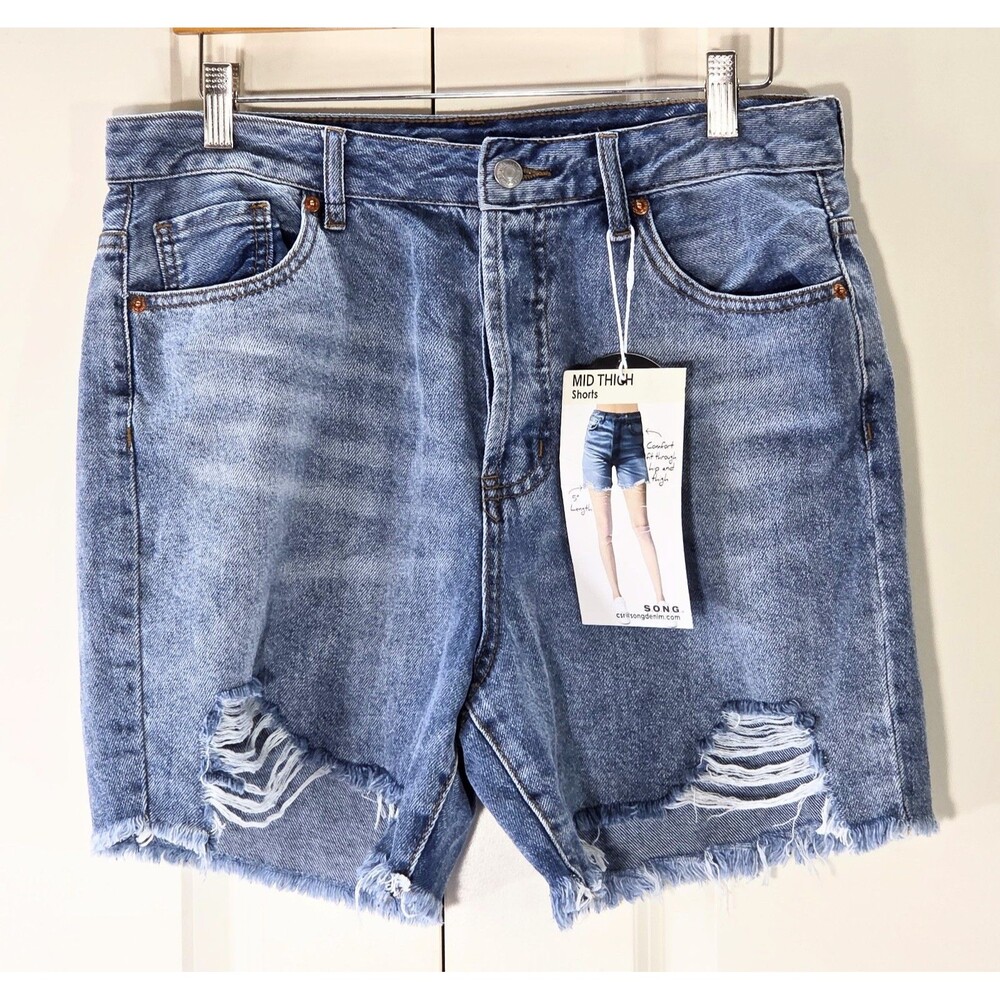 New S.O.N.G. Women 11/30 Distressed Mid Thigh Denim Shorts Y2K Festival NWT